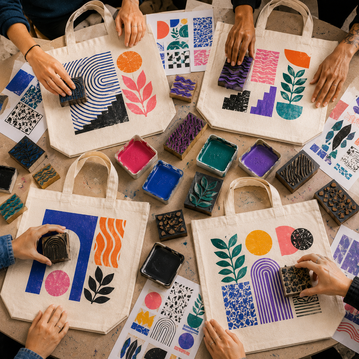 Hands block-printing geometric patterns onto canvas tote bags with carved wooden stamps and trays of ink