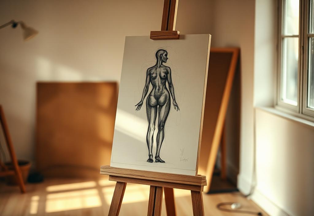 Charcoal life-drawing on a wooden easel in a studio